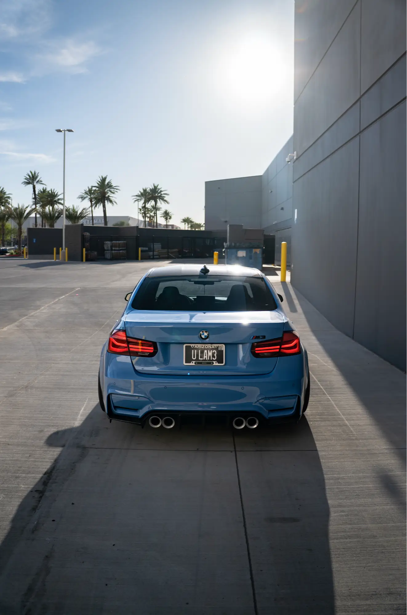 Rear view of a blue BMW M3 (F80) with palm trees in the background.